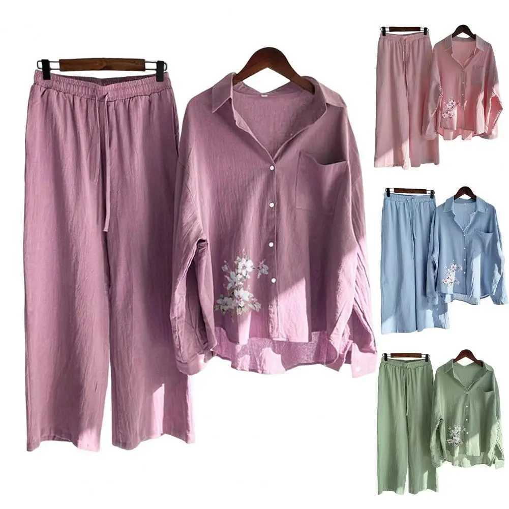 Sprind Summer Cotton Linen Womens 2 Piece Sets Outfits Printed Ele Casual Plus Size Matching Set Womens Suit Blouse PantsXJ250106