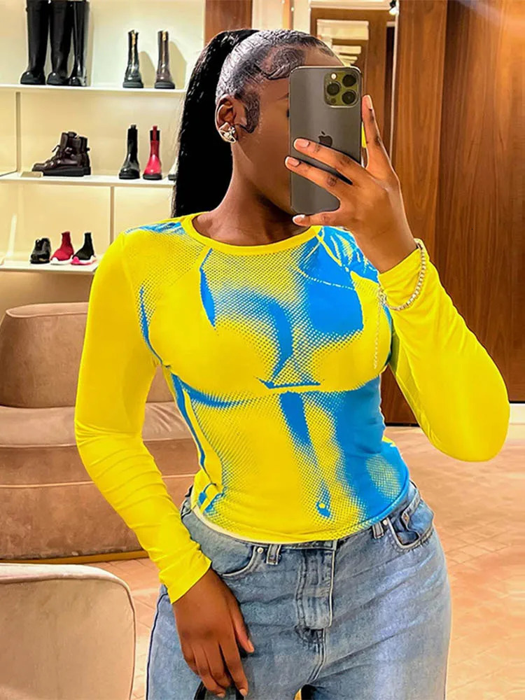 Body Print Crop Tee Shirts Women Fall Spring Y2K Korean Fashion Long Sleeve O-neck Skinny Top Tshirt Streetwear 250106