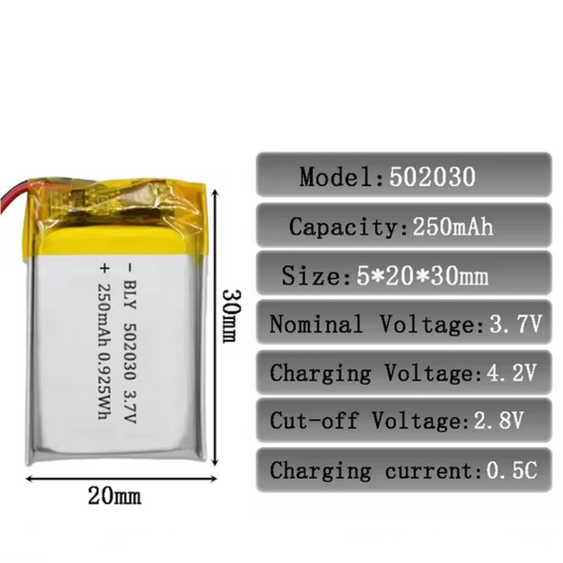 High Qulity 3.7V 250mAh 502030 Rechargeable Polymer Batteries Lipo For Toy Power Bank GPS Laptop Headset Watch