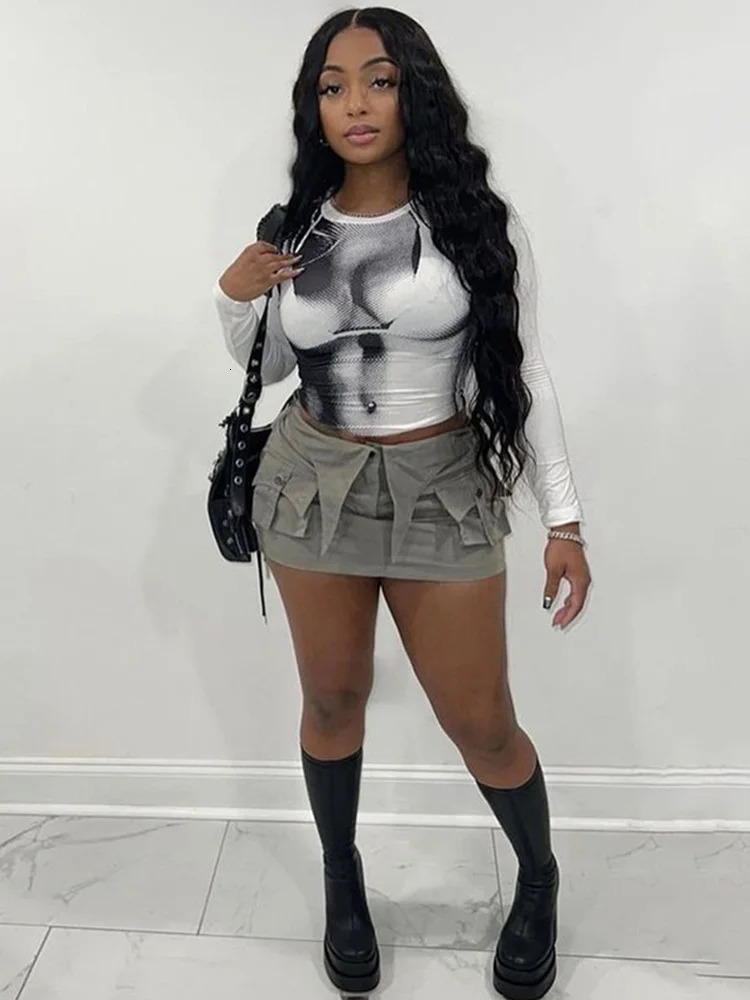 Body Print Crop Tee Shirts Women Fall Spring Y2K Korean Fashion Long Sleeve O-neck Skinny Top Tshirt Streetwear 250106