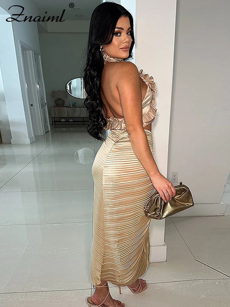 Znaiml Prom Gowns Formal Pleated Two 2 Pieces Women Crop Top and High Slit Skirt Set Ruffles Sexy Night Club Outfits Birthday 250106