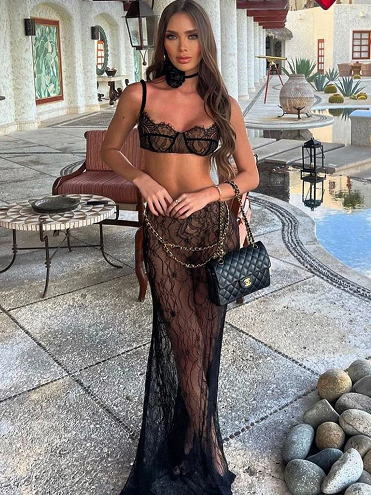 Avrilyaan White Lace Sexy Two Piece Set Hollow Out Top Chain Long Skirt Women Set Elegant Evening Party 2 Piece Set Women 250106