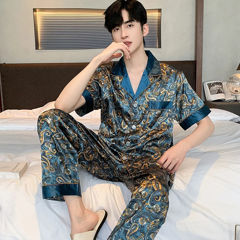 Sleepwear Men Pajamas Trousers Long Sleeve Short Shorts Pijama Sleep Printed Silk Satin for Sets 250103