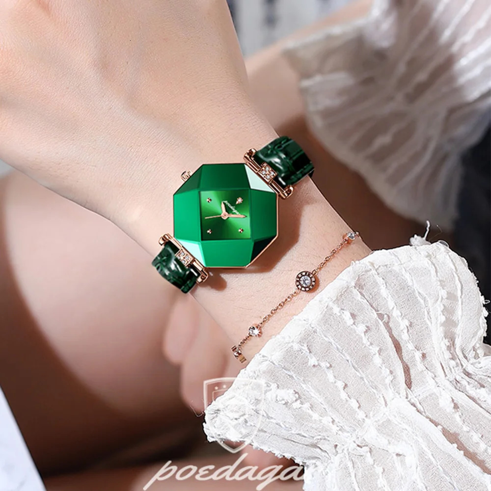 POEDAGAR High Quality Womens Watch Diamond Quartz Waterproof Ladies Green Leather Watches Fashion Exquisite Drop 241228