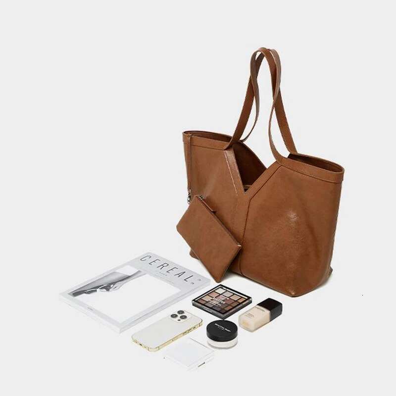 Y Shape Genuine Leather Tote Large Capacity Shoulder Women Underarm Travel Storage Shopping Bag With Wallet