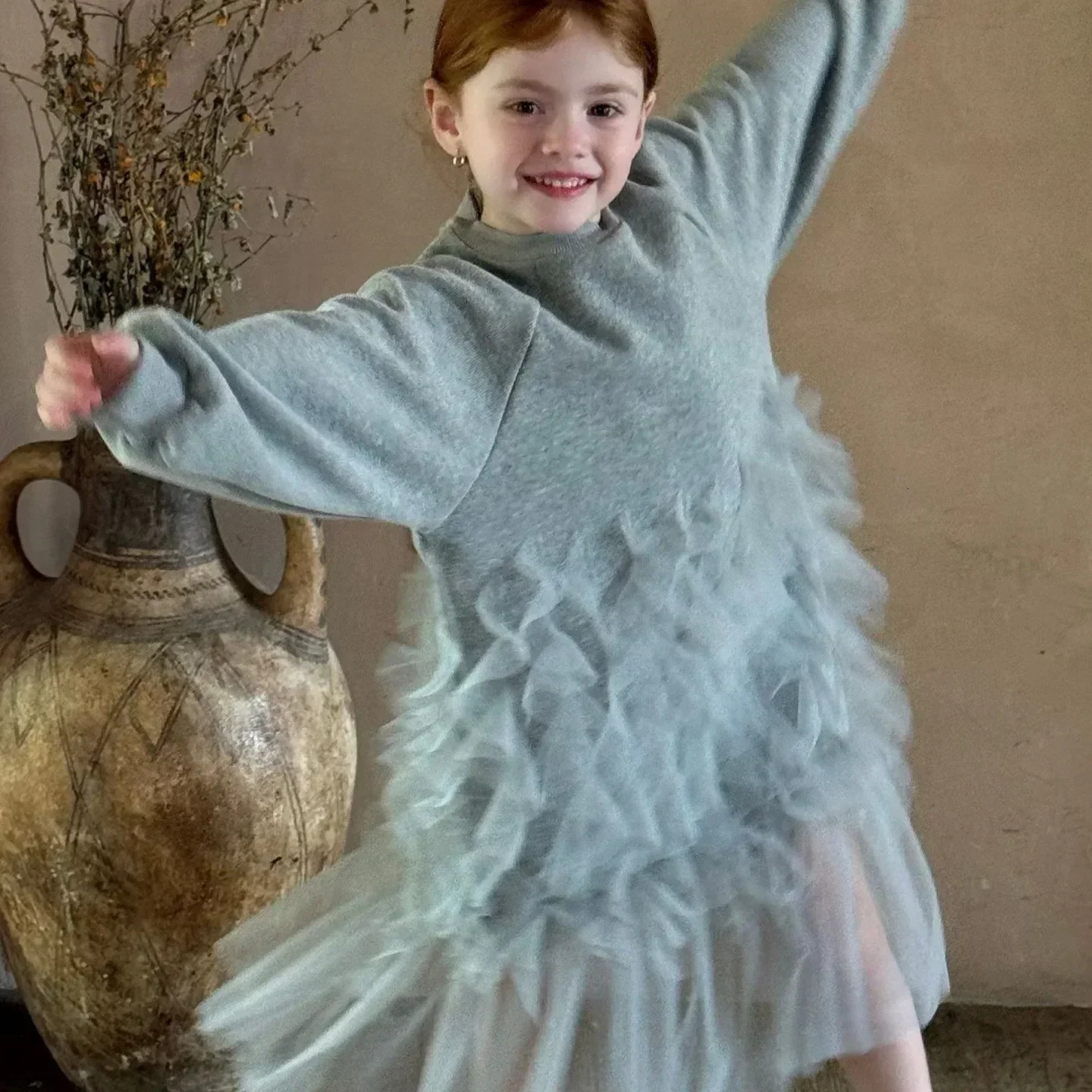 2024 Autumn Baby Girl Clothes Grey Patchwork Dress Girls Dress Flower Girl Ivory Dress 250106