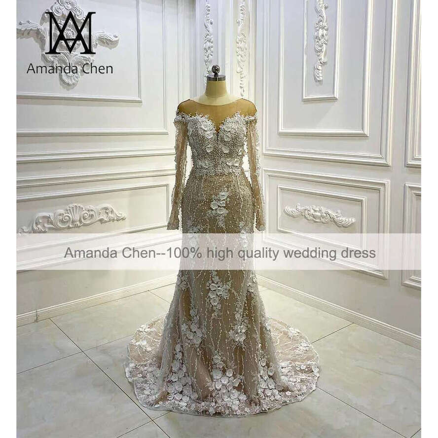 Long Novias Sleeve Lace Applique Pearls D Wers Detachable Skirt Wedding Dress