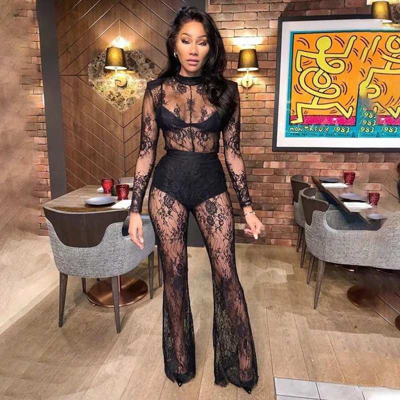 DRC Long Sleeve One Pieces Wide Leg Jumpsuit Women Summer Clothes Fashion Black Lace Perspective Sexy Night Club Outfits 250103