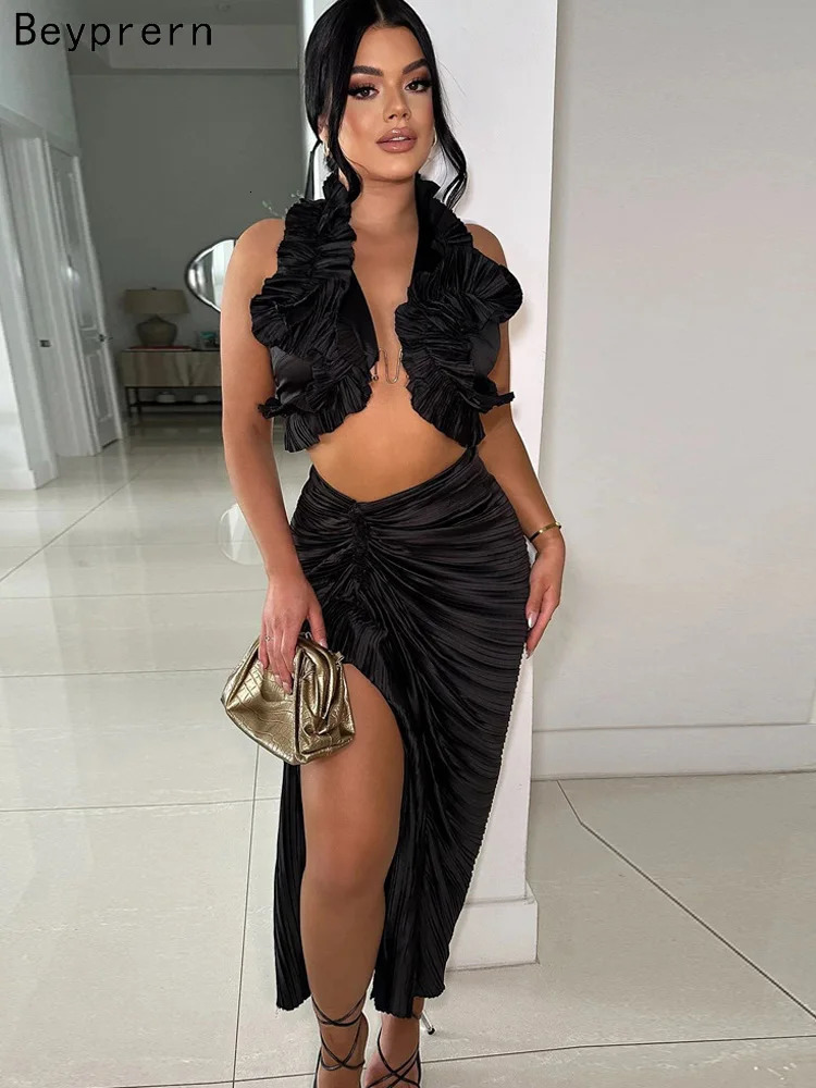Beyprern Beautiful Pleated Cropped Top High Slit Resort Skirt Set Summer Ruffles Glamour Skirt Set Night Club Outfits Clubwear 250106