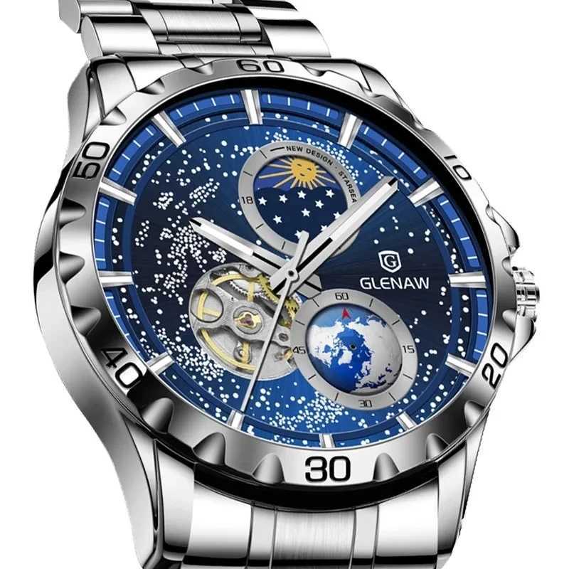 GLENAW Rotating Earth Double Second Hand WristWatch Men Automatic Mechanical Watch Starry Sky Stainless Steel Leather WatchbandX250107