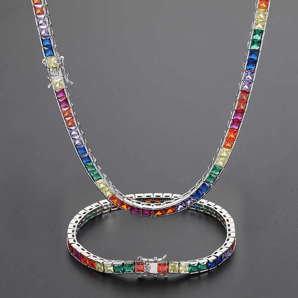 Iced Rainbow Colorful Tennis Necklace Silver Gold Plated Square Cubic Zirconia Tennis Chain Cuban Link Dainty Jewelry Gift250103
