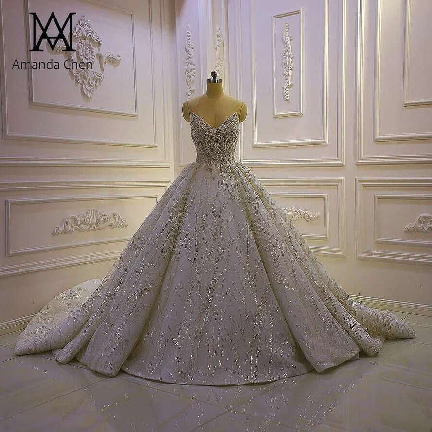 Off Shoulder Lace Appliqued Glitter Beads Wedding Dress