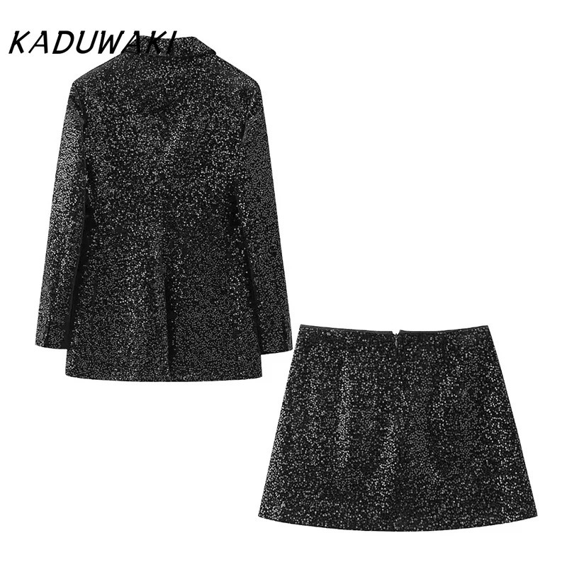 KADUWAKI Winter Shiny Loose Suit Coat Mini Skirt Sets Sequin Womens Fashion Suit Jacket Skirt Lady Streetwear Elegant Outerwear 250106