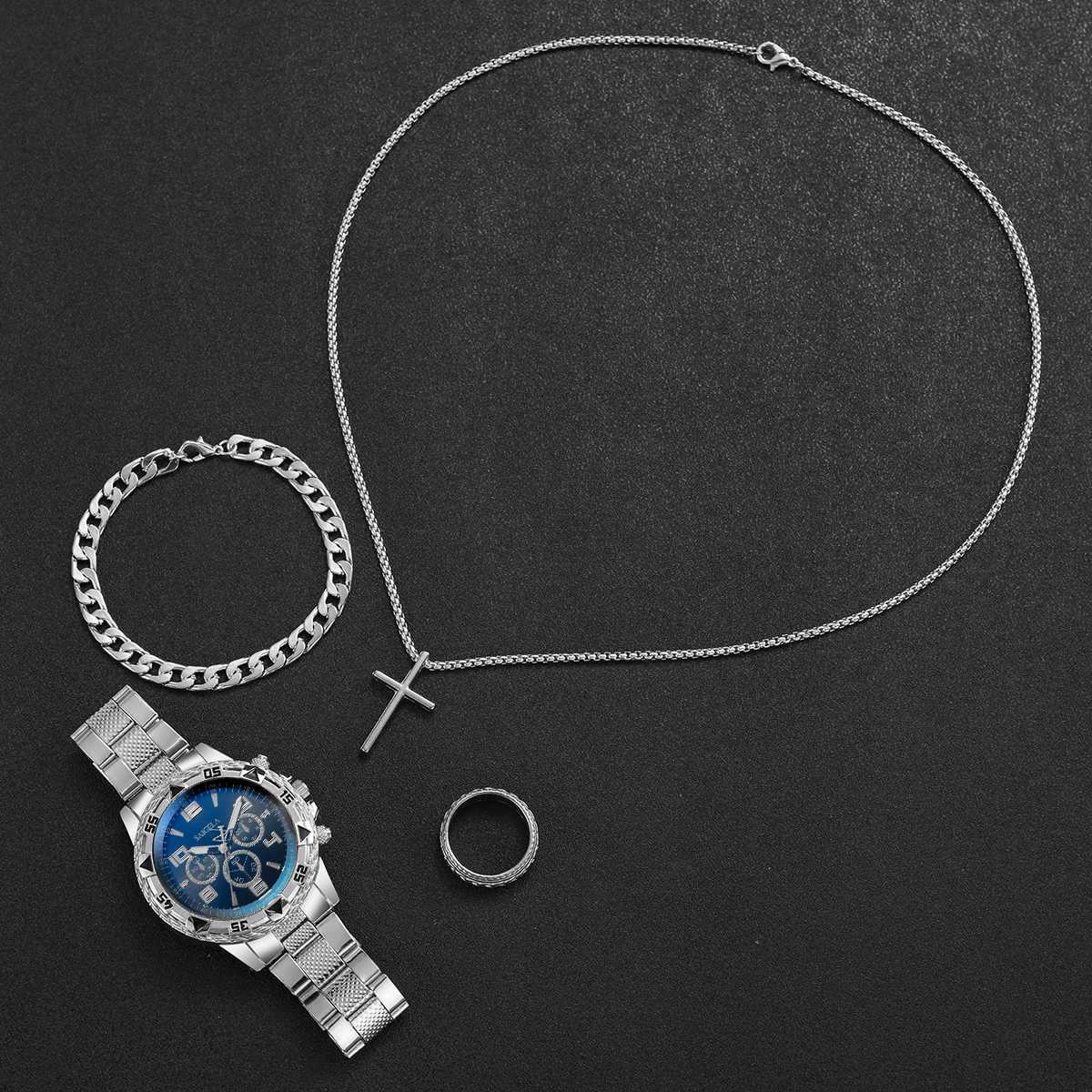 4pcs/set Mens Watches Fashion Arabic Dial Quartz Watch Males Silver Band Wristwatches Jewelry Set (Without BoxX250107