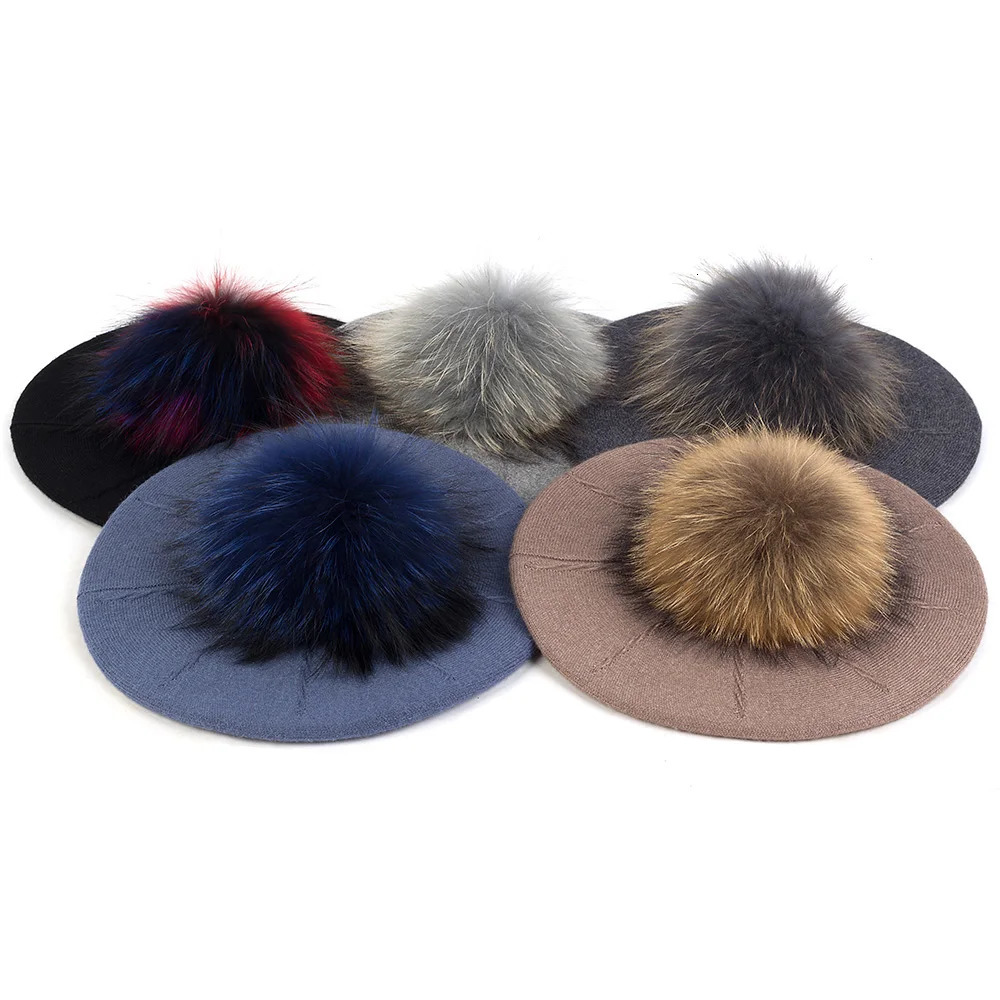 Fashion Elegant Sweet Women Beret Warm Winter Autumn Hat Lovely Ladies Party Hats Cap with 15 cm Real Fur Pompom Female Gift 250106