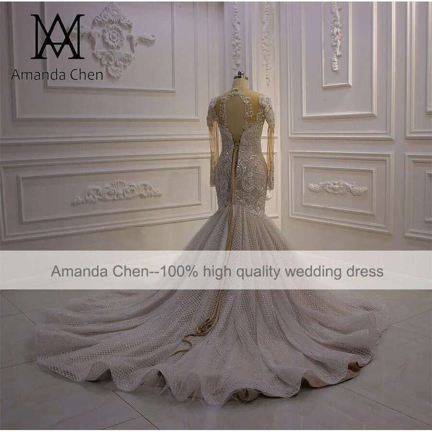 Amanda Novias Lace Appliques Glitter Champagne Wedding Dress Mermaid