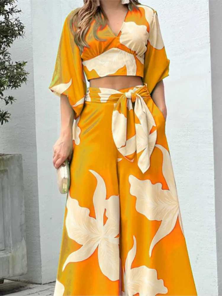 Vacation Beach Fashion Set Womens Fashion Spring V-neck Lantern Sve Top T-shirt Loose Sexy Lace Up Loose Pants Two Piece SetXJ250106