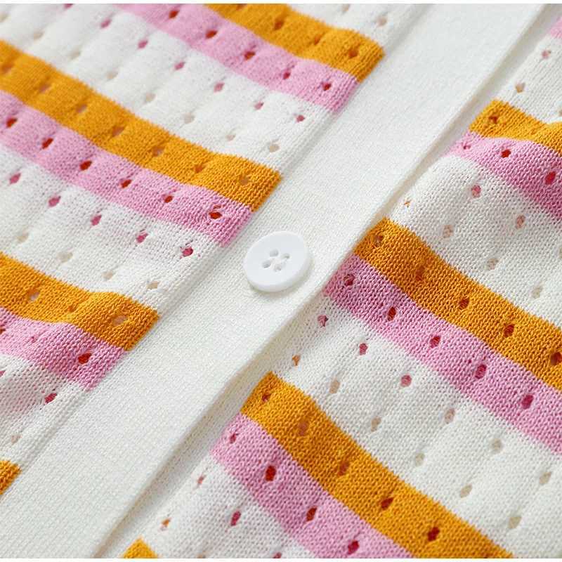 Women Stripe Print Knit 2 Piece Sets Ele Lapel Half Sve Tops High Waist Shorts Set Loose Casual Single Breasted OutfitsXJ250106