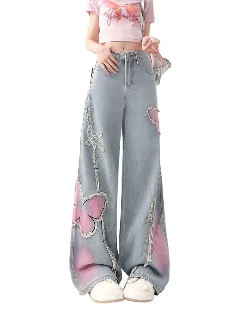 WCFCX STUDIO Women's Black Baggy Jeans Haruku Y2k Aesthetic Butterfly Denim Trousers Korean Jean Vintage Wide Leg Pants