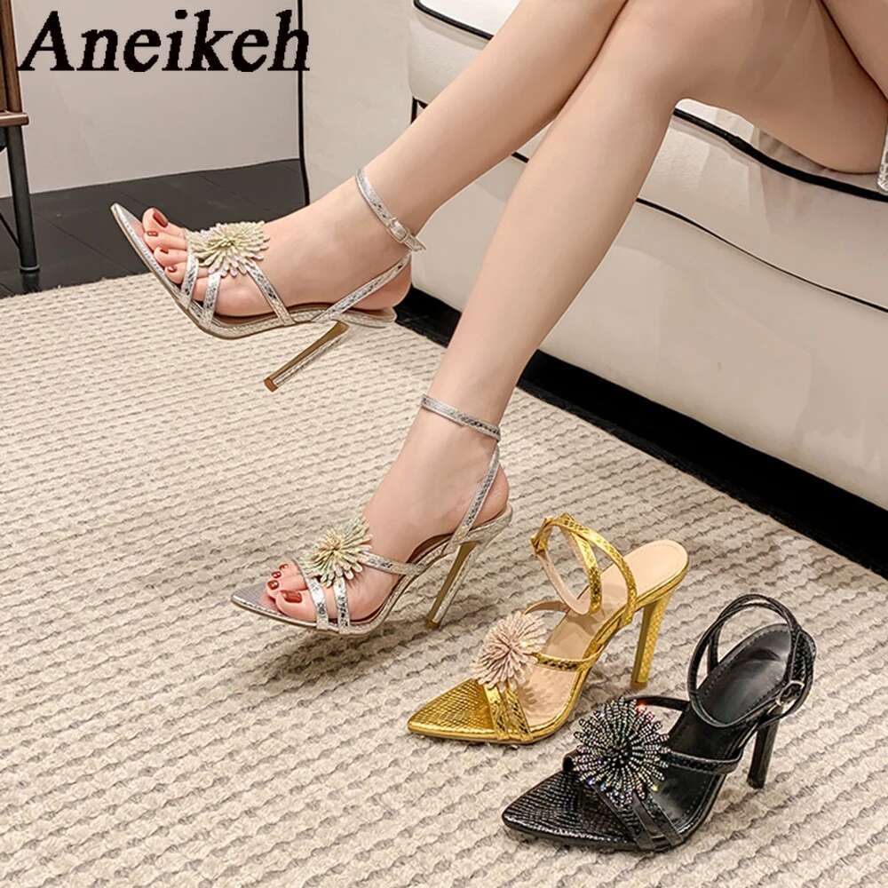 Aneikeh Fashion Rhie Wer Stiletto High Heels Sexy Pointed Toe Runway Sandals Ankle Strap Women Elegant Wedding Banquet