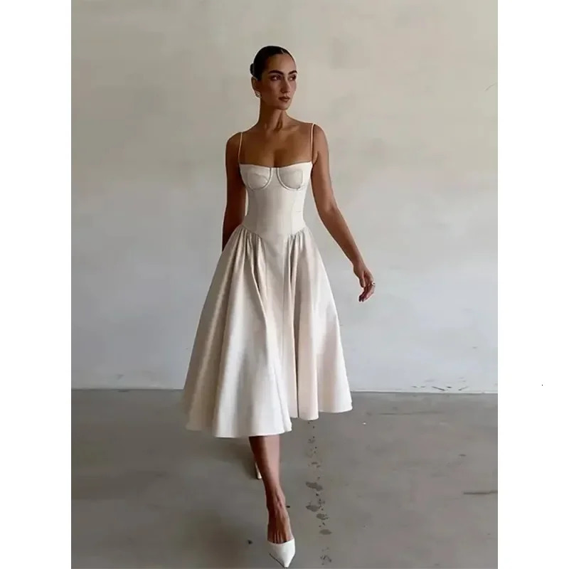 Women Sexy Solid Sling Midi Dress Fashion Sleeveless Backless Pleated Hem Dresses 2024 Summer Female Party Evening Aline Robes 250103