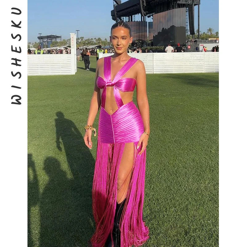 Sexy Sleeveless Cut Out Tassel Maxi Dress Women Backless Rose Red Casual Beach Sundress 2024 Summer Harajuku Y2K Clothes250103