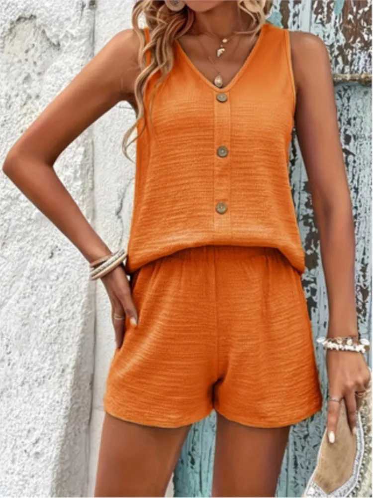 Womens Casual Vest Shorts Suit 2 Pieces Sets Summer New V Neck Buttons Vest High Waist Wide Leg Shorts Sets For Women ClothingXJ250106