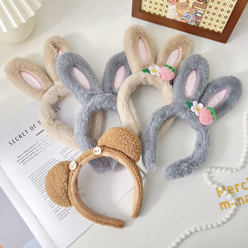 Wash face anti slip headband cute couple style compression headband cartoon teddy bear bunny plush headband hair tie hair clip