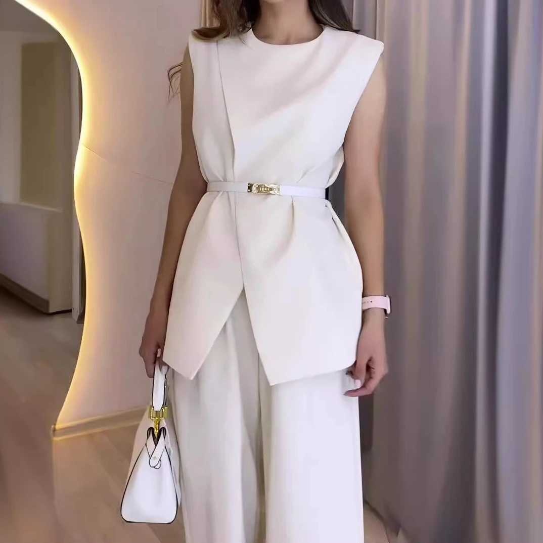 Two Piece Sets Women Pants Set Round Neck Belt Sveless White High Waist Tops Solid Wide Leg Long Pants Slim Fit EleXJ250106