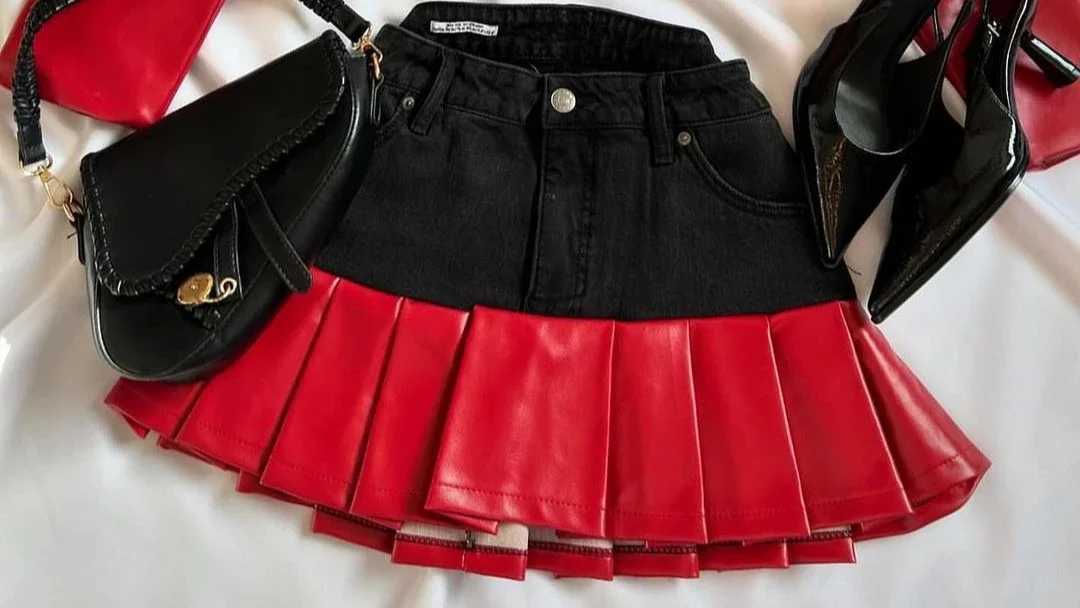 Womens two-piece Harajuku Gothic leather splicing work denim clothing fashion casual zipper leather jacket mini denim mini skirt set W250107