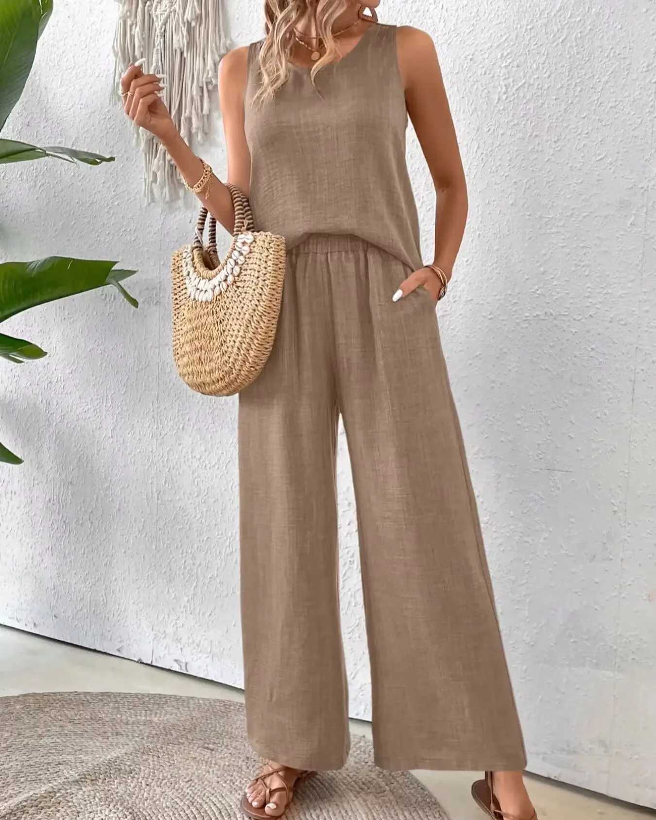 Cotton linen womens summer set fashionable sleeveless loose fitting shirt wide leg pants two-piece set womens casual setXJ250414