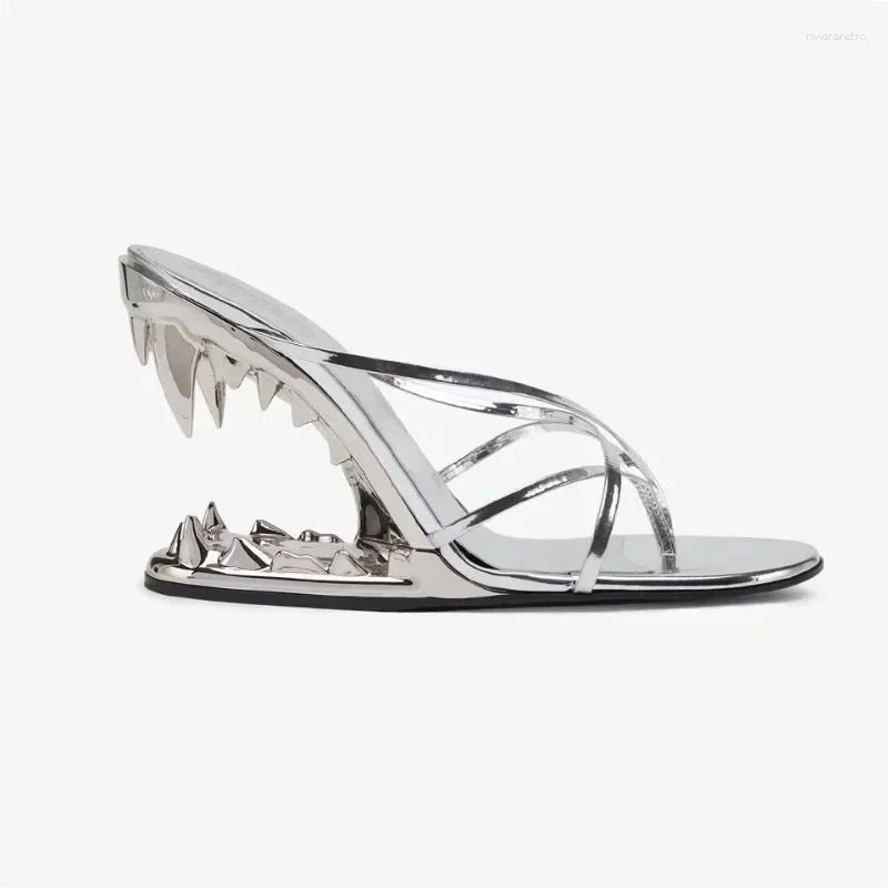 Sandals Concise Tiger Tooth Shaped Heel Women's High-heeled Slippers European American Fashion Shows Alien Slope 41
