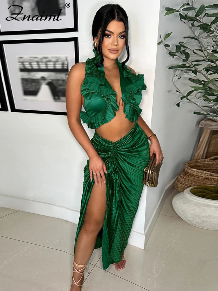 Znaiml Prom Gowns Formal Pleated Two 2 Pieces Women Crop Top and High Slit Skirt Set Ruffles Sexy Night Club Outfits Birthday 250106
