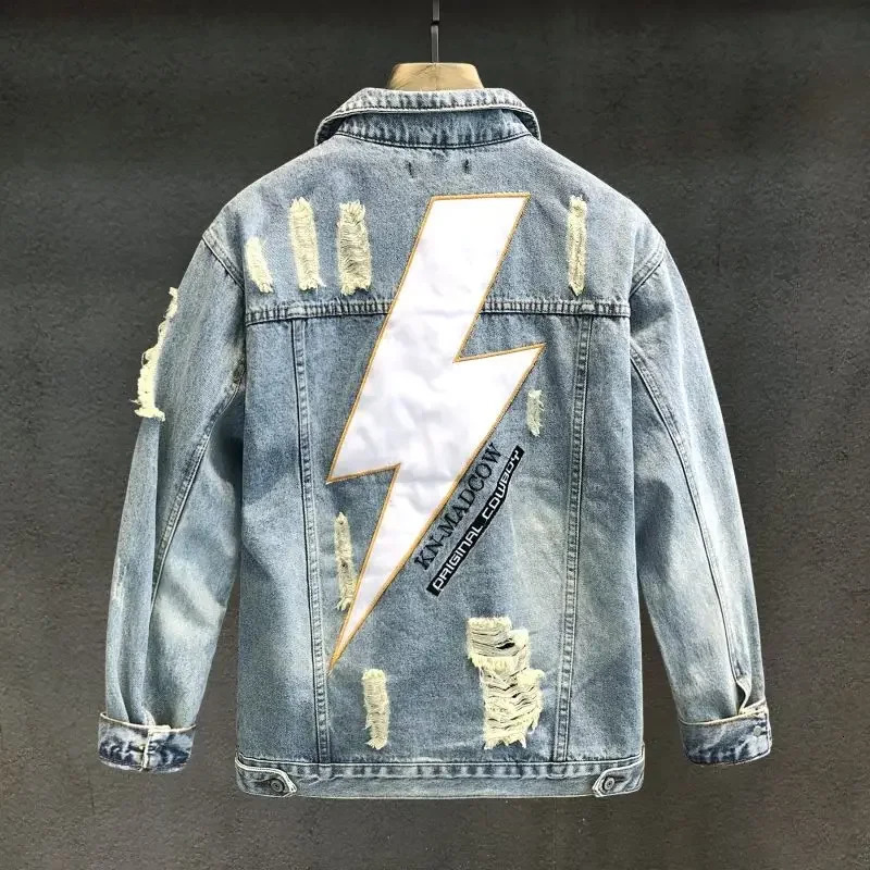 Mens Denim Jacket Vintage With Print Male Jean Coats Hole Ripped High Quality In Lowest Price Size L Loose On Board Casual Y2k 250102