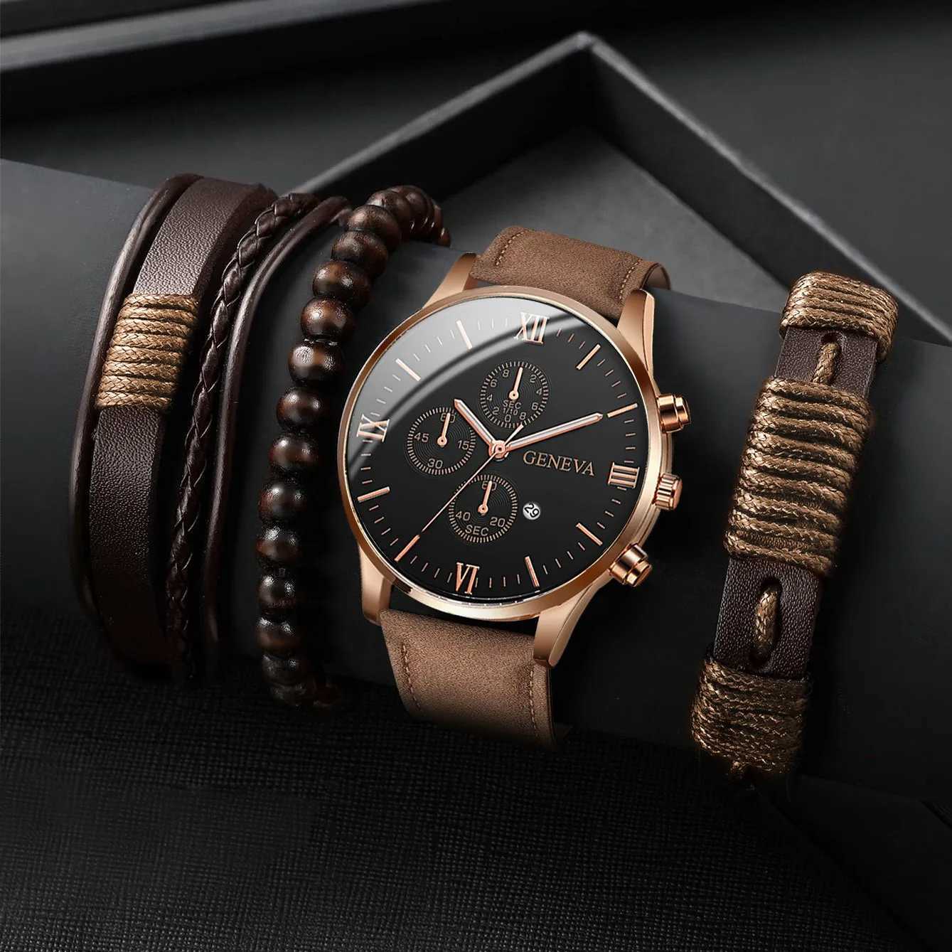 4PCS/Set Mens Watches Casual Leather Band Analog Quartz Watch Bracelets SetWithout BoxX250107