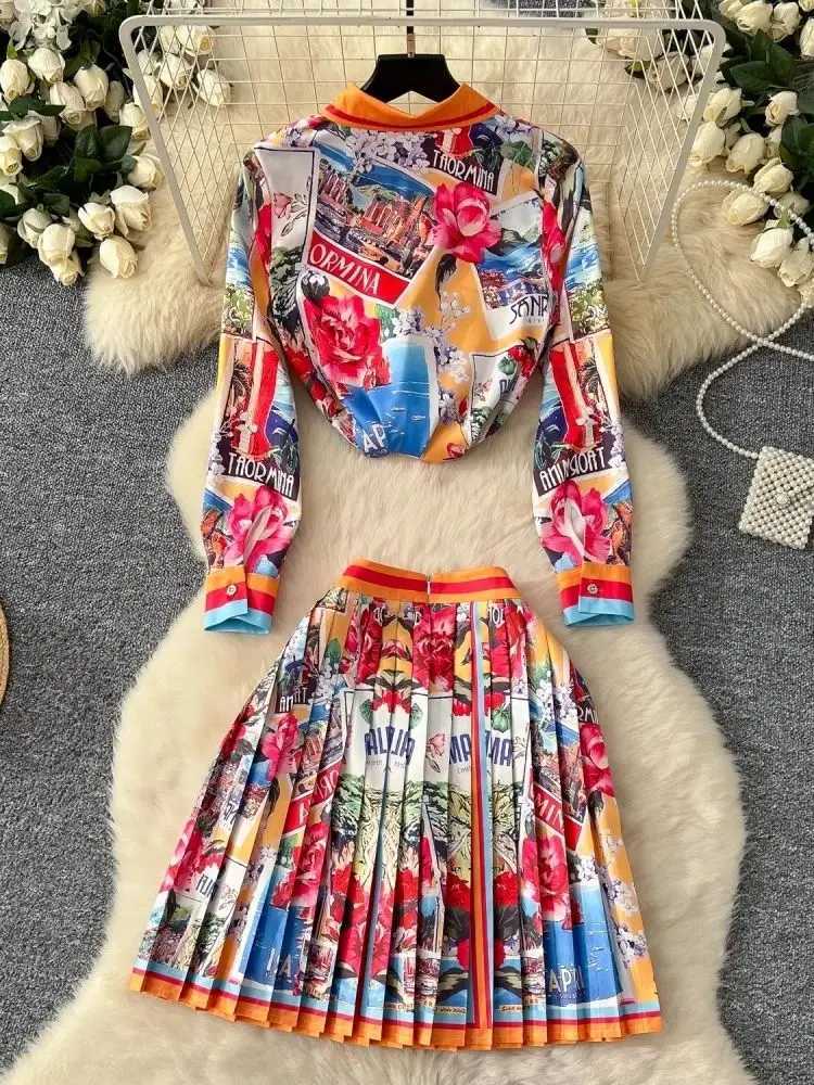 2025 Spring/Summer Womens Long Sve Collar Gorgeous Printed Shirt Top+High Waist Zipper Folding Mini Skirt 2-piece Set W250107