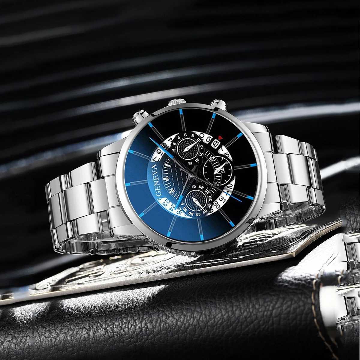 2PCS Men Business Watch Fashion Big Dial Steel Band Calendar Watches Sports Quartz Wristwatch Relogio MasculinoWithout BoxX250107