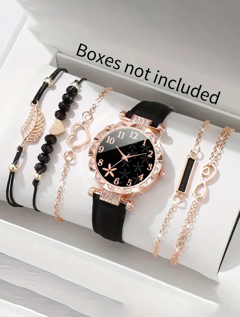 6PCS elegant black leaf plant print ladies quartz watch with feather Love bracelet set selected gift 241228