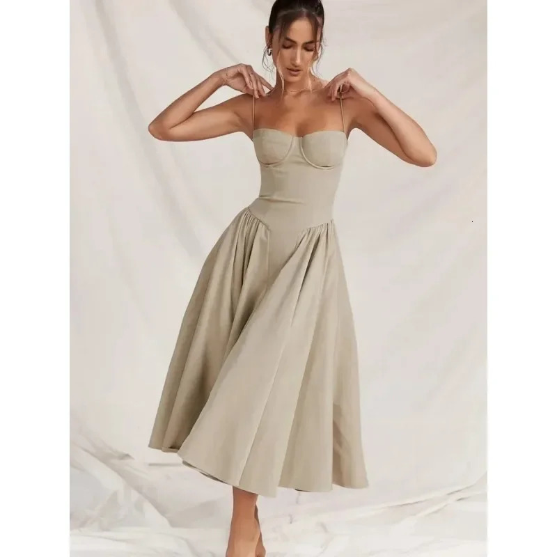 Women Sexy Solid Sling Midi Dress Fashion Sleeveless Backless Pleated Hem Dresses 2024 Summer Female Party Evening Aline Robes 250103