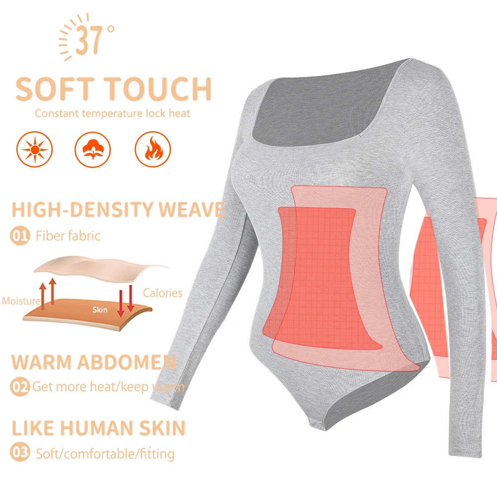 Womens Square Neck Bodysuit Long Sleeved Shapewear Tummy Control Body Shaper Lady Streetwear Female Warm Clothing Autumn Winter 250103