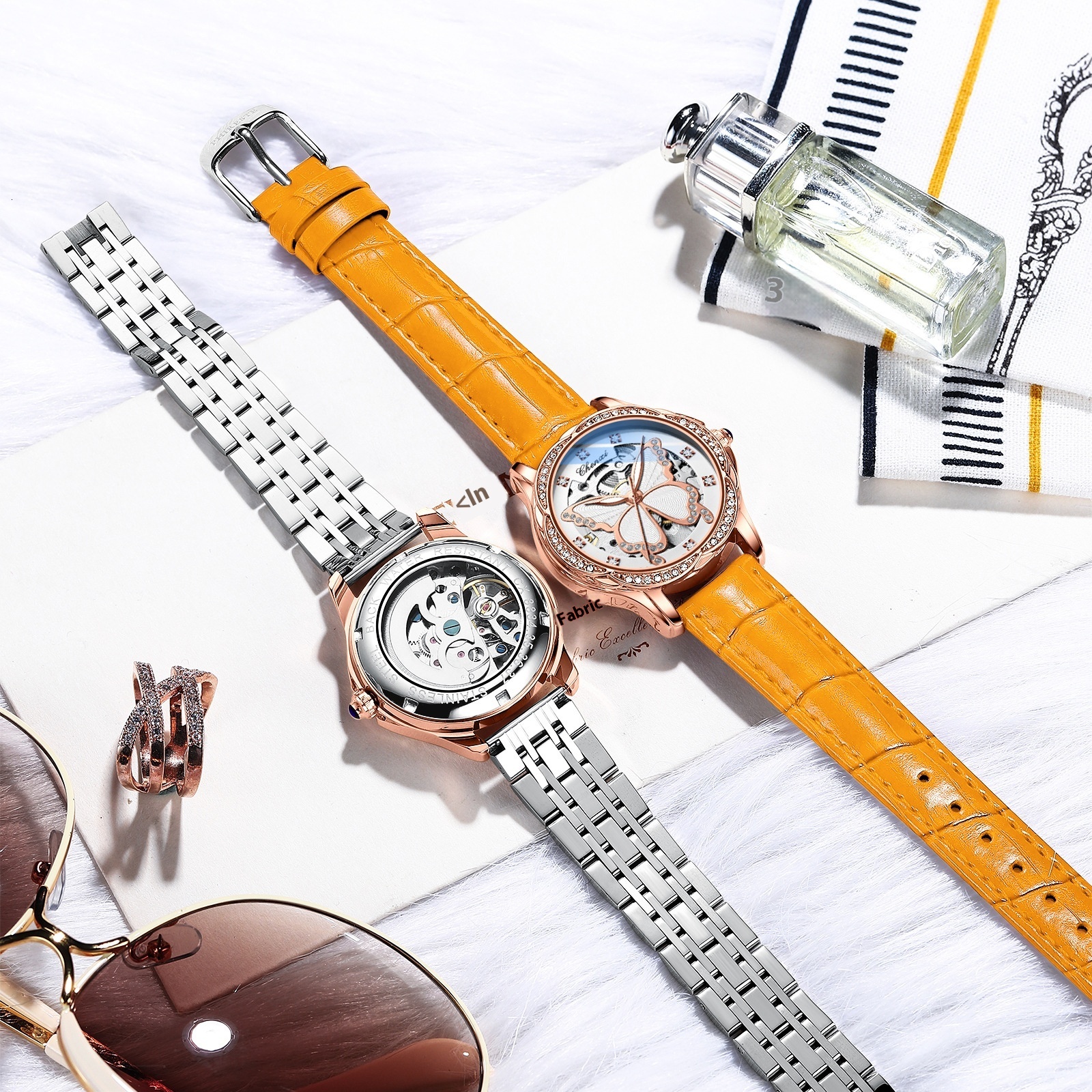 Luxury Automatic Mechanical Watch with Orange Butterfly Dial and Diamond Accents for Women
