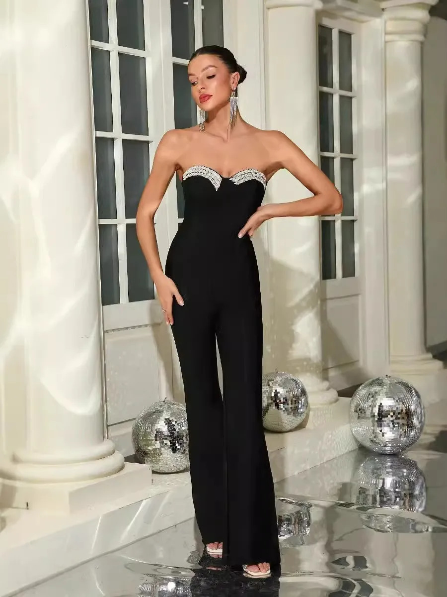 HighEnd Flared Bandage Strapless Rhinestone Jumpsuit Fashion Party Outfit dress 250103