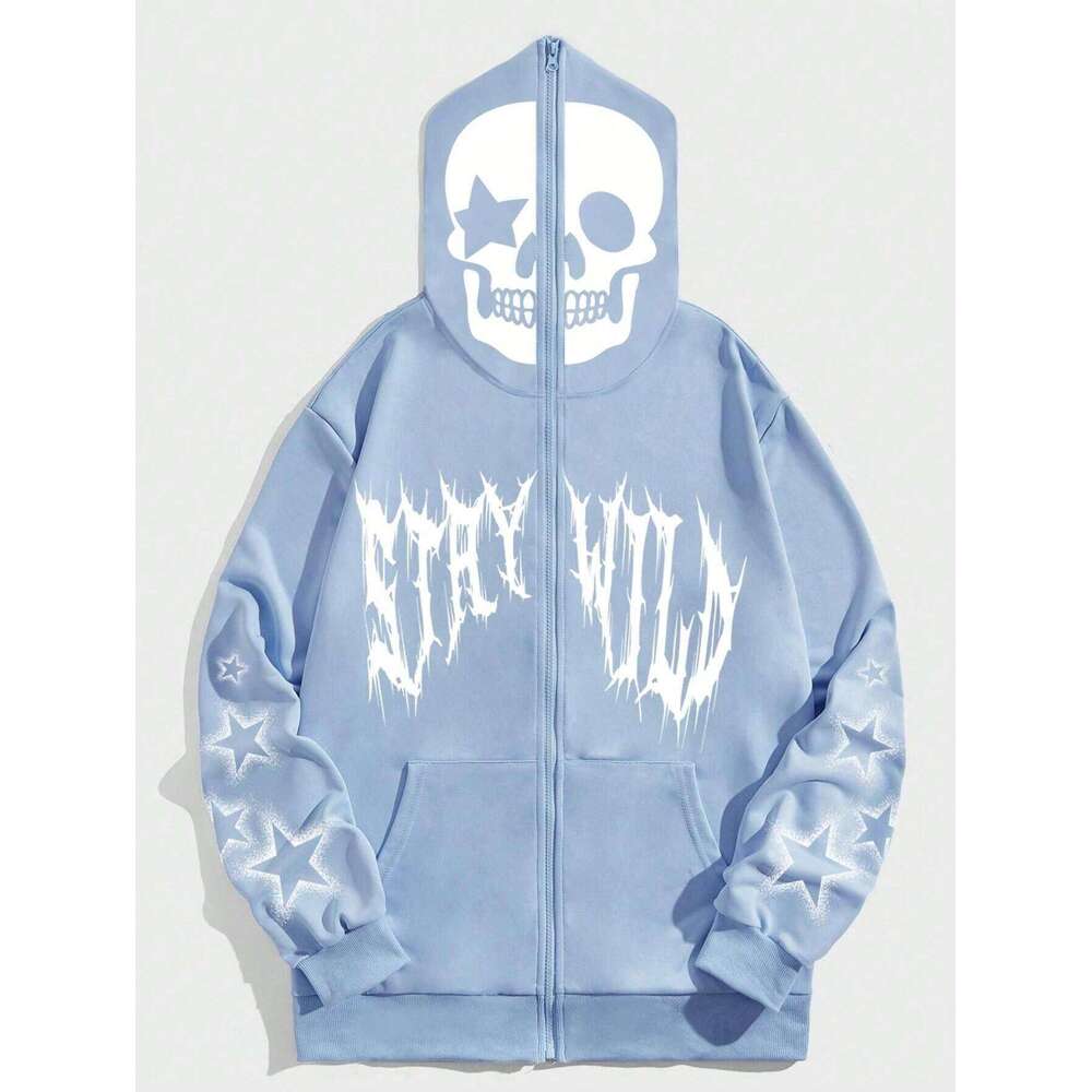 fashion new hoodie loose hooded skull star print zipper jacket