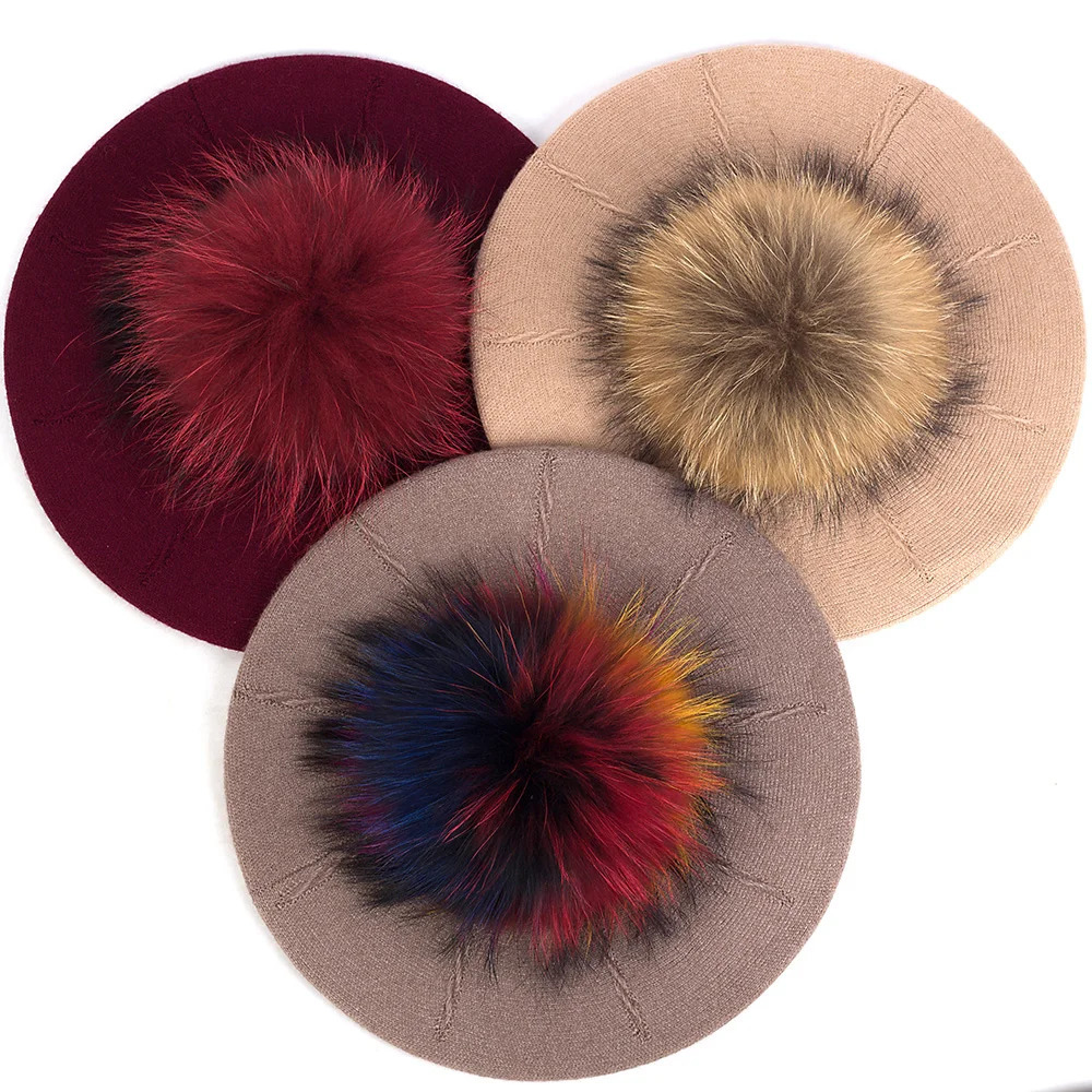Fashion Elegant Sweet Women Beret Warm Winter Autumn Hat Lovely Ladies Party Hats Cap with 15 cm Real Fur Pompom Female Gift 250106