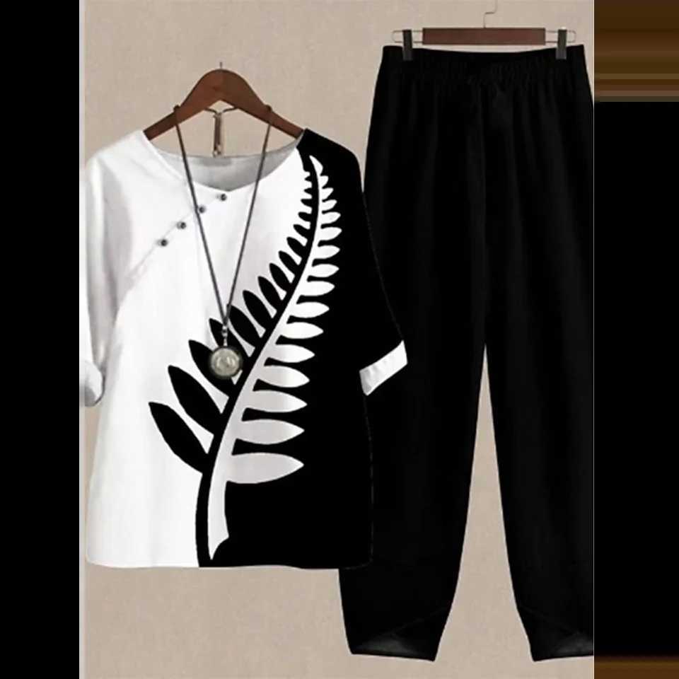 Summer 2 Piece Set Women Loose Short Sve Shirt Top High Waist Pants Flower Print Outfits Ladies Ele Vintage Suit FallXJ250106