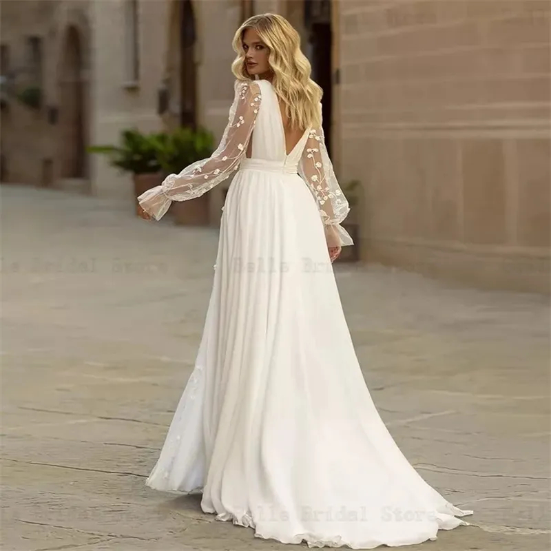 Chiffon Beach Wedding Dresses Illusion Long Sleeves Side Split Sexy Boho Bridal Gowns Backless Lace Long Sleeves Deep V-Neck Summer A-Line Vestido De 