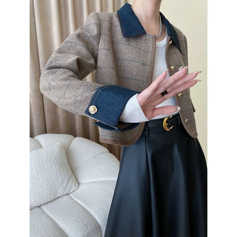 Denim Patchwork French POLO Collar Tweed Women Autumn Small Fragrance Plaid Casual Loose Khaki Fashion Chic Female Jacket
