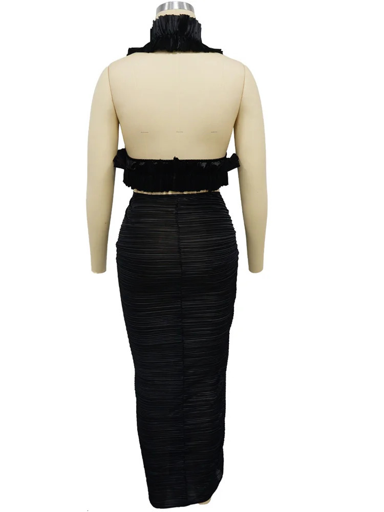 Beyprern Beautiful Pleated Cropped Top High Slit Resort Skirt Set Summer Ruffles Glamour Skirt Set Night Club Outfits Clubwear 250106
