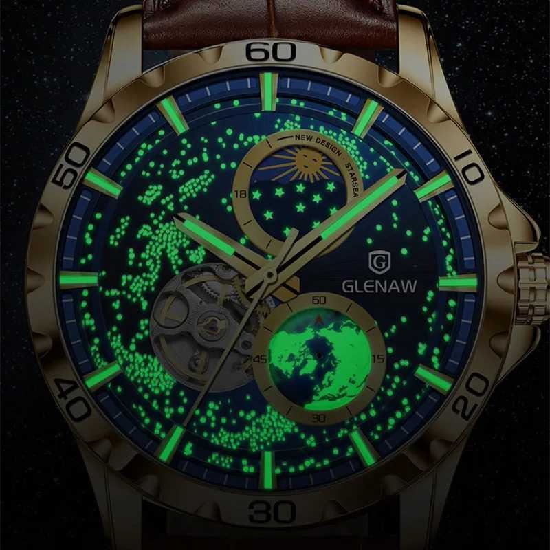 GLENAW Rotating Earth Double Second Hand WristWatch Men Automatic Mechanical Watch Starry Sky Stainless Steel Leather WatchbandX250107