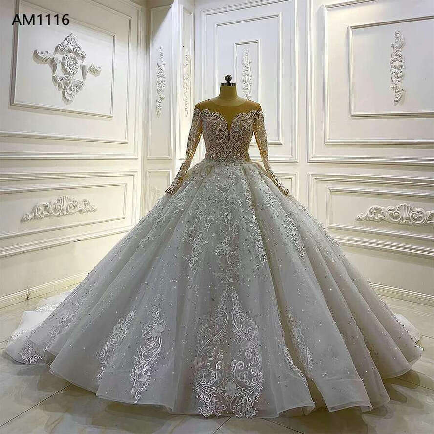 Long Sleeve Ball Gown Sheer Wedding Dress